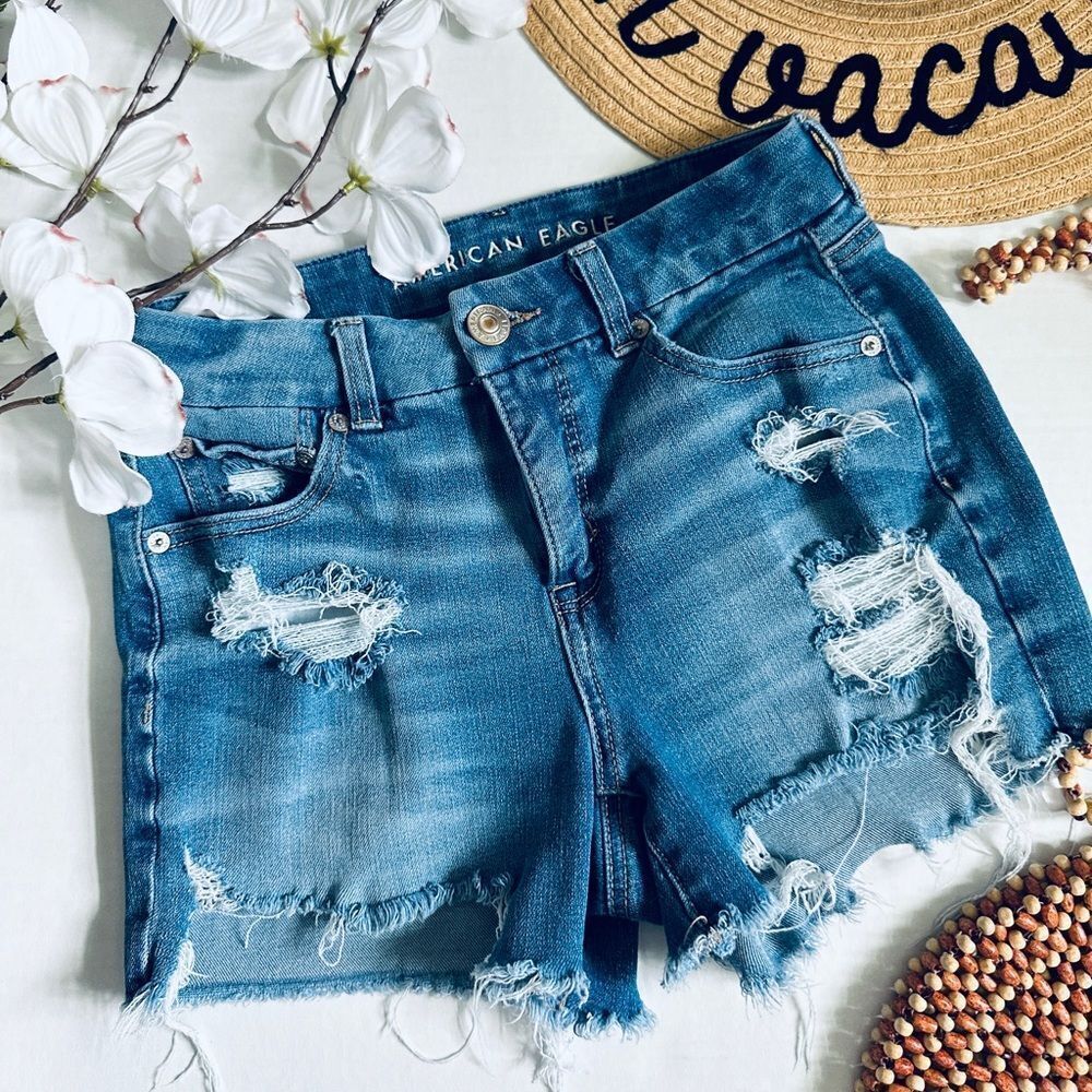 American Eagle Distressed Curvy Midi Cutoff Denim Jean Shorts
